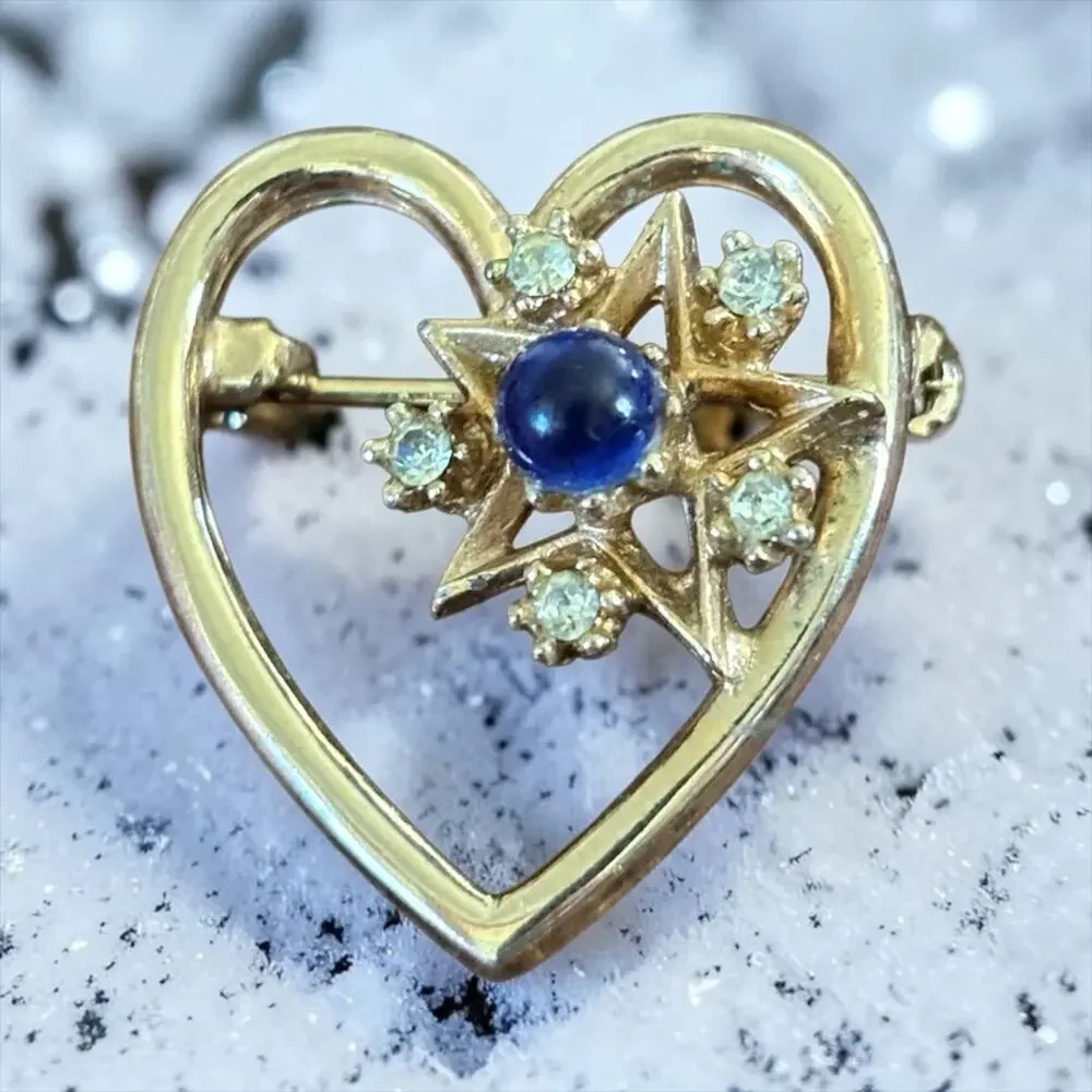 Vintage Gold Heart Starburst Brooch Blue Lapis Cabochon Rhinestone Celestial Pin